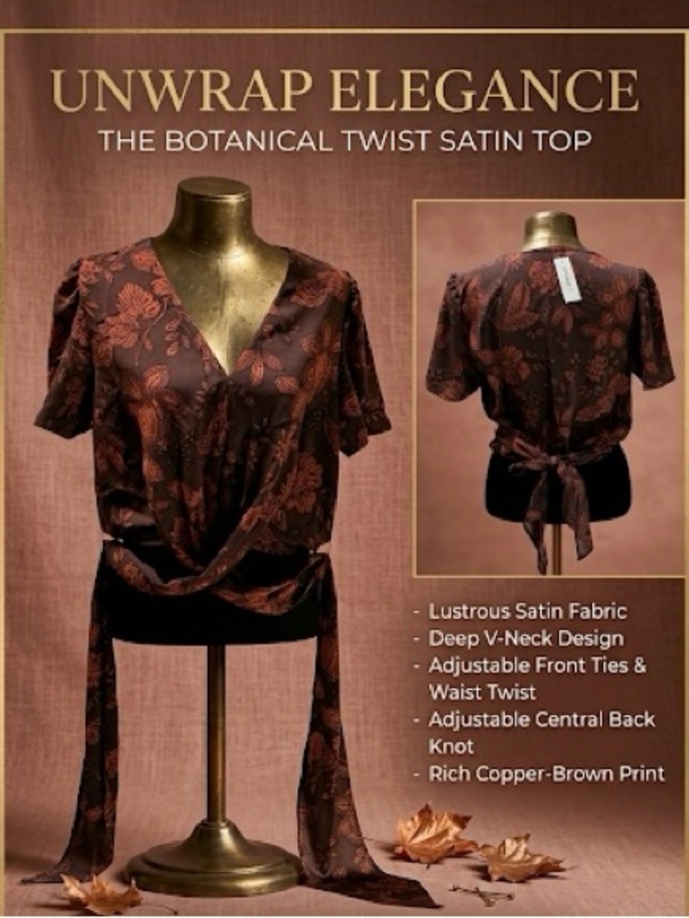Banana Republic Copper-Brown Botanical Satin Wrap Top